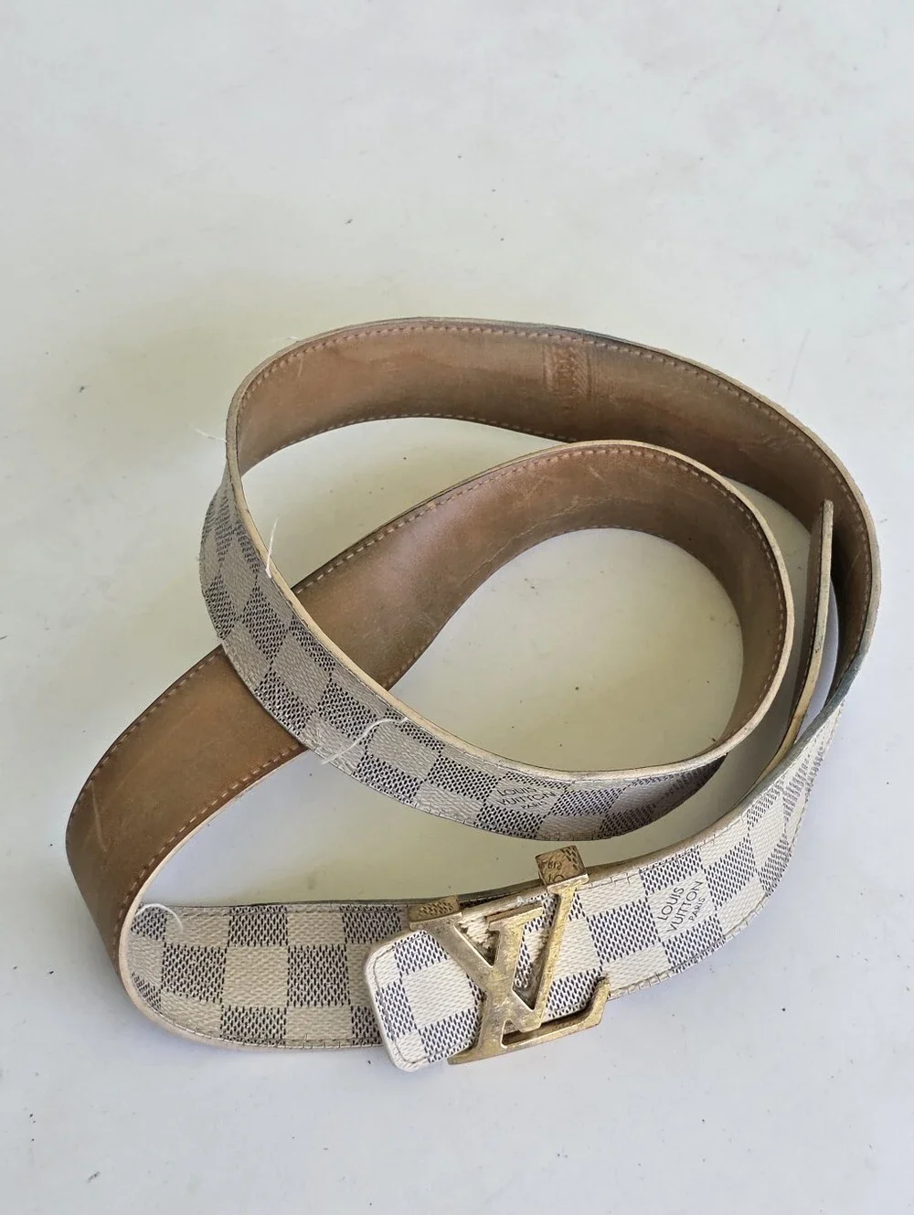 Authentic Louis Vuitton Damier Azur LV Initials Belt Gold Buckle Unisex